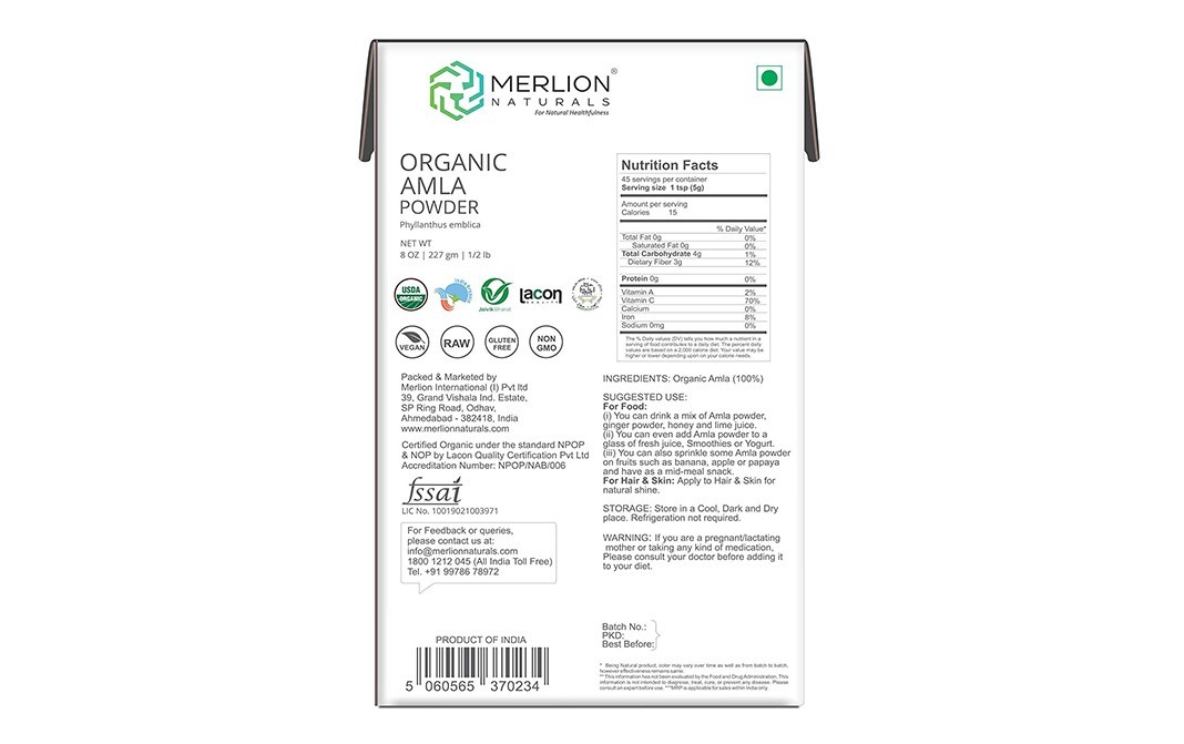 MERLION NATURALS Organic Amla Powder (Indian Gooseberry)    Pack  227 grams